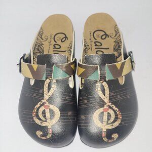 Calceo Clogs with Music Note Slip-On Mules with buckle Women's Size 6.5 (37)